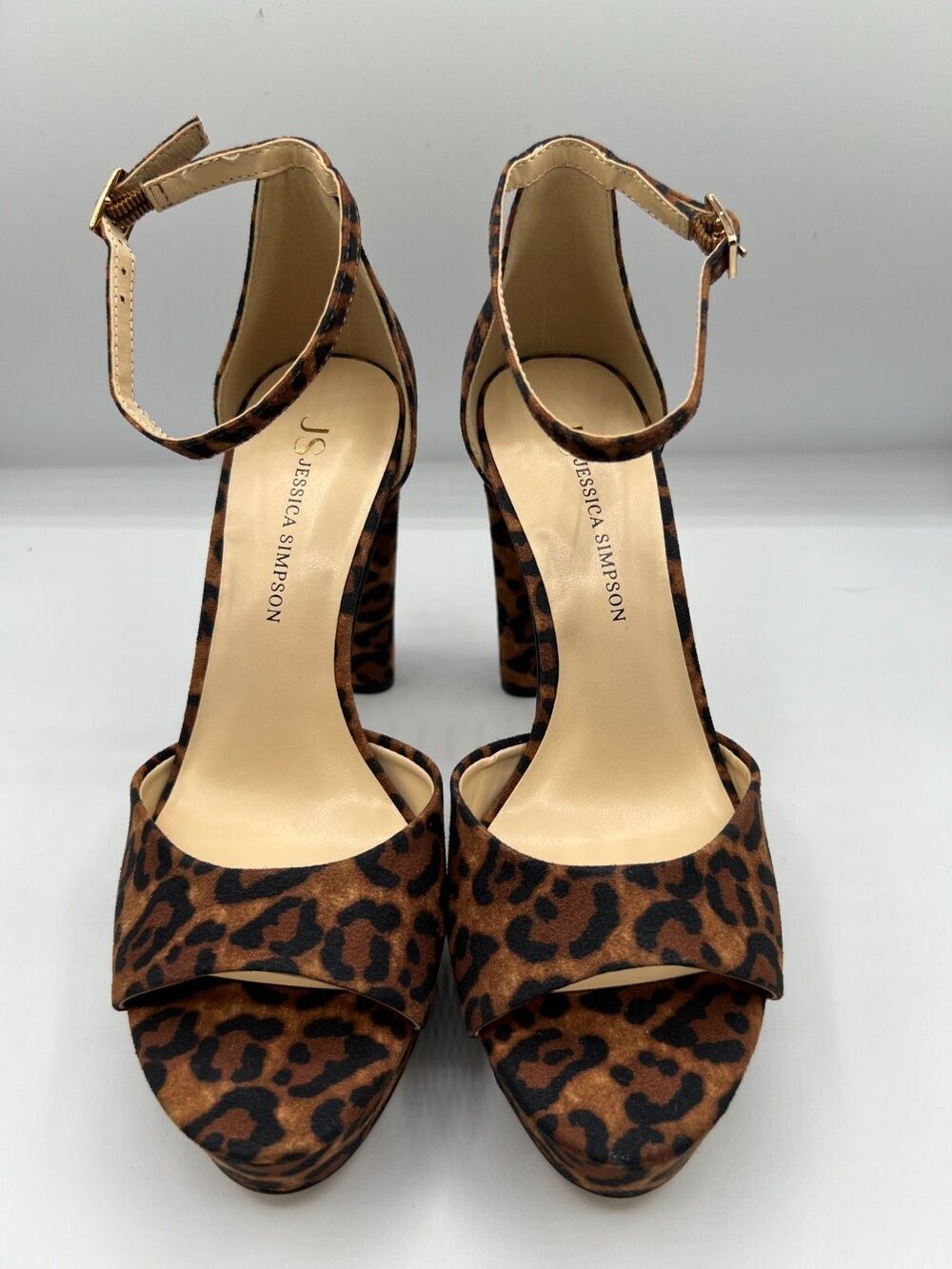 Jessica Simpson Leopard Print Platform Heels Ankle Strap Peep Toe Womens